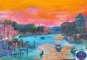 Venice in orange and pink, 97X67 CM, Oil on canvas, Marios Orozco, Christiania Art Gallery