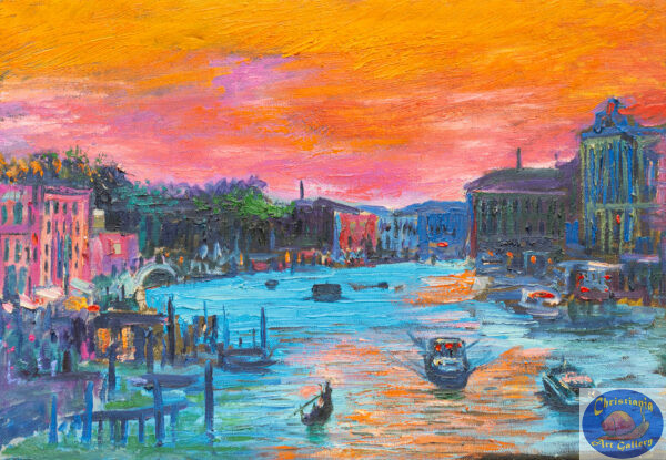 Venice in orange and pink, 97X67 CM, Oil on canvas, Marios Orozco, Christiania Art Gallery