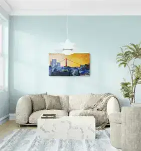 GOLDEN LIGHT OVER SAN FRANCISCO, 106X61 CM, OIl on canvas, by Marios Orozco, Christiania Art Gallery