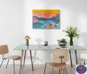 Venedig i orange og pink, 97X67 CM, olie på lærred, Marios Orozco, Christiania Art Gallery