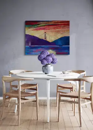 GOLDEN GATE OVER PURPLE AND BLUE MOUNTAINS, 106X91 CM, by Marios Orozco, Christiania Art Gallery
