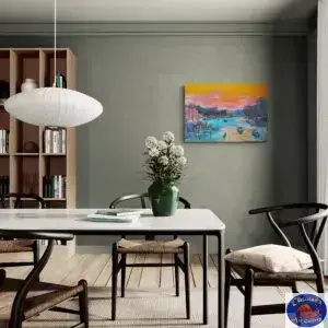 Venedig i orange og pink, 97X67 CM, olie på lærred, Marios Orozco, Christiania Art Gallery