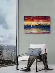 OAKLAND SUNSET WITH SAILBOAT, 91,5X61 CM, by Marios Orozco, Christiania Art Gallery