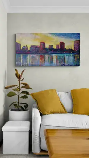 LAKE MERRIT REFLECTIONS, 112X58,5 CM, Oil on canvas, by Marios Orozco, Christiania Art Gallery