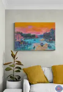 Venedig i orange og pink, 97X67 CM, olie på lærred, Marios Orozco, Christiania Art Gallery