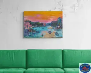 Venedig i orange og pink, 97X67 CM, olie på lærred, Marios Orozco, Christiania Art Gallery