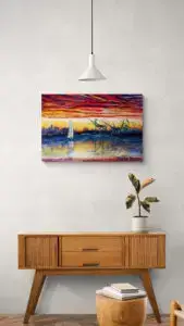 OAKLAND SUNSET WITH SAILBOAT, 91,5X61 CM, by Marios Orozco, Christiania Art Gallery