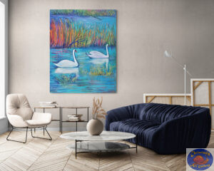 Two Swans in The Reeds 120X150 CM Oil on canvas By Marios Orozco