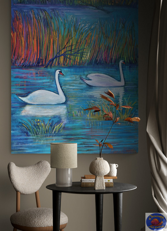 Two Swans in The Reeds 120X150 CM Oil on canvas By Marios Orozco