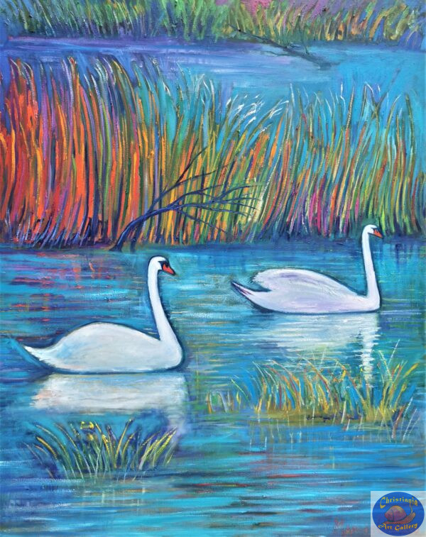 Two Swans in The Reeds 120X150 CM Oil on canvas By Marios Orozco