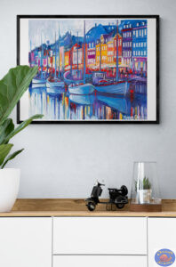 Cold Evening in Nyhavn Poster, 89X61 CM, Big Poster, Marios Orozco, Christiania Art Gallery in setting