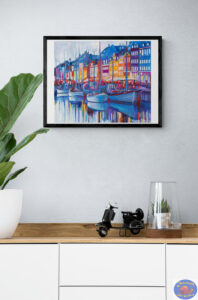 Cold Evening in Nyhavn Poster, 61X43 CM, Small Poster, Marios Orozco, Christiania Art Gallery in setting