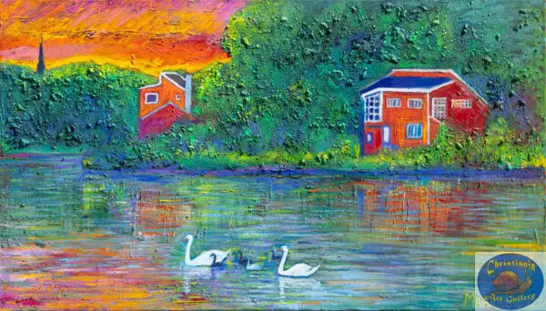 Two Red Houses, 140X80 CM, Oil on canvas, Marios Orozco, Christiania Art Gallery