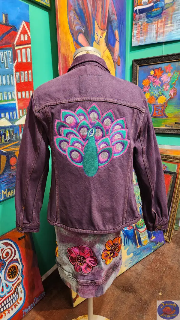 Custom Purple Peacock, OZO Copenhagen, Custom Embroidered Artwear, Christiania Art Gallery
