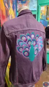 Custom Purple Peacock, OZO Copenhagen, Custom Embroidered Artwear, Christiania Art Gallery