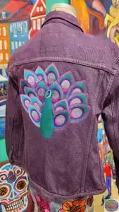 Custom Purple Peacock, OZO Copenhagen, Custom Embroidered Artwear, Christiania Art Gallery