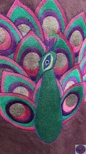 Custom Purple Peacock, OZO Copenhagen, Custom Embroidered Artwear, Christiania Art Gallery