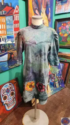 Tie-Dye Stretchy Denim Dress, OZO Copenhagen, Custom Embroidered Artwear, Christiania Art Gallery