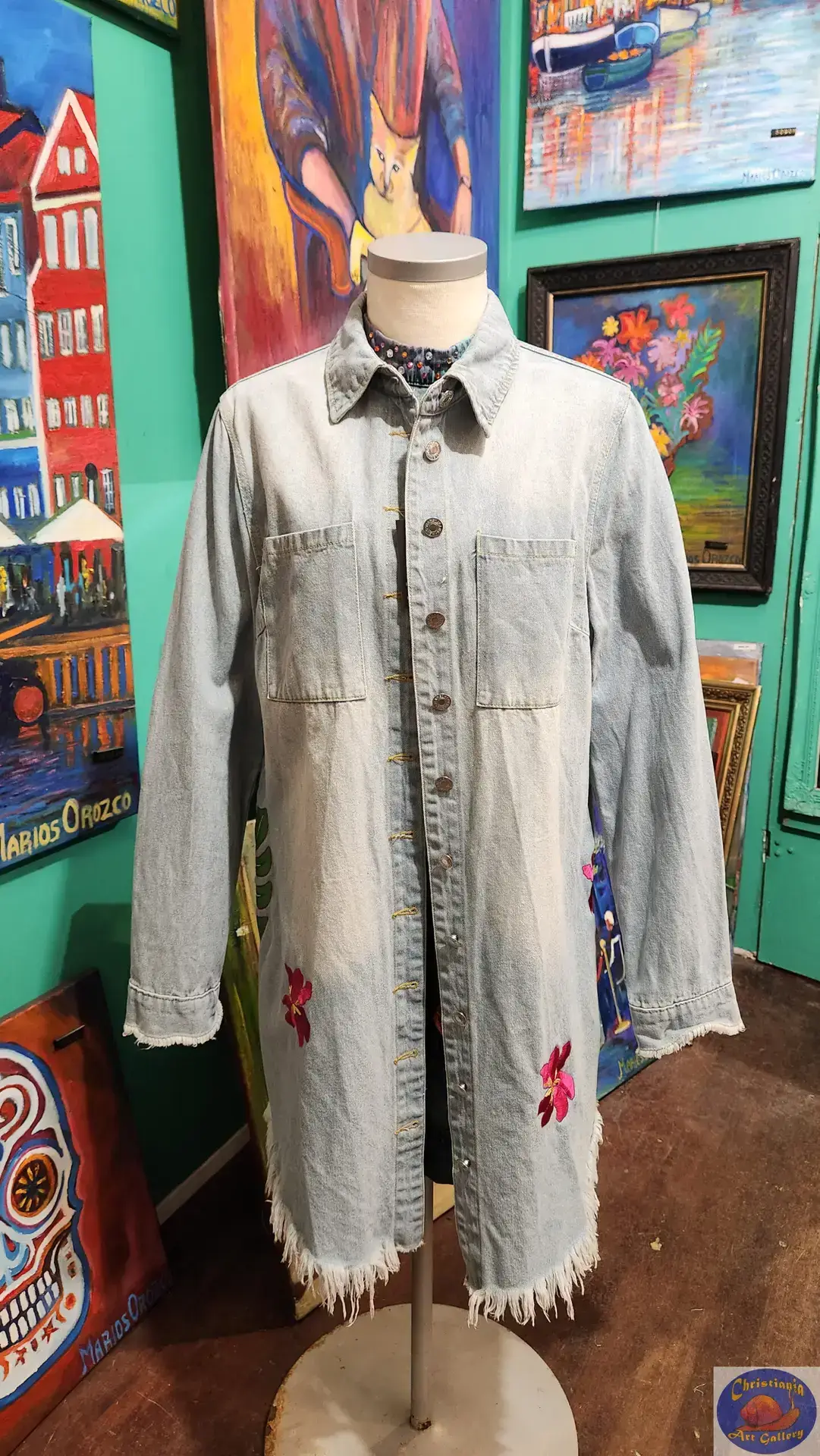 Light Long Denim Shirt, OZO Copenhagen, Custom Embroidered Artwear, Christiania Art Gallery