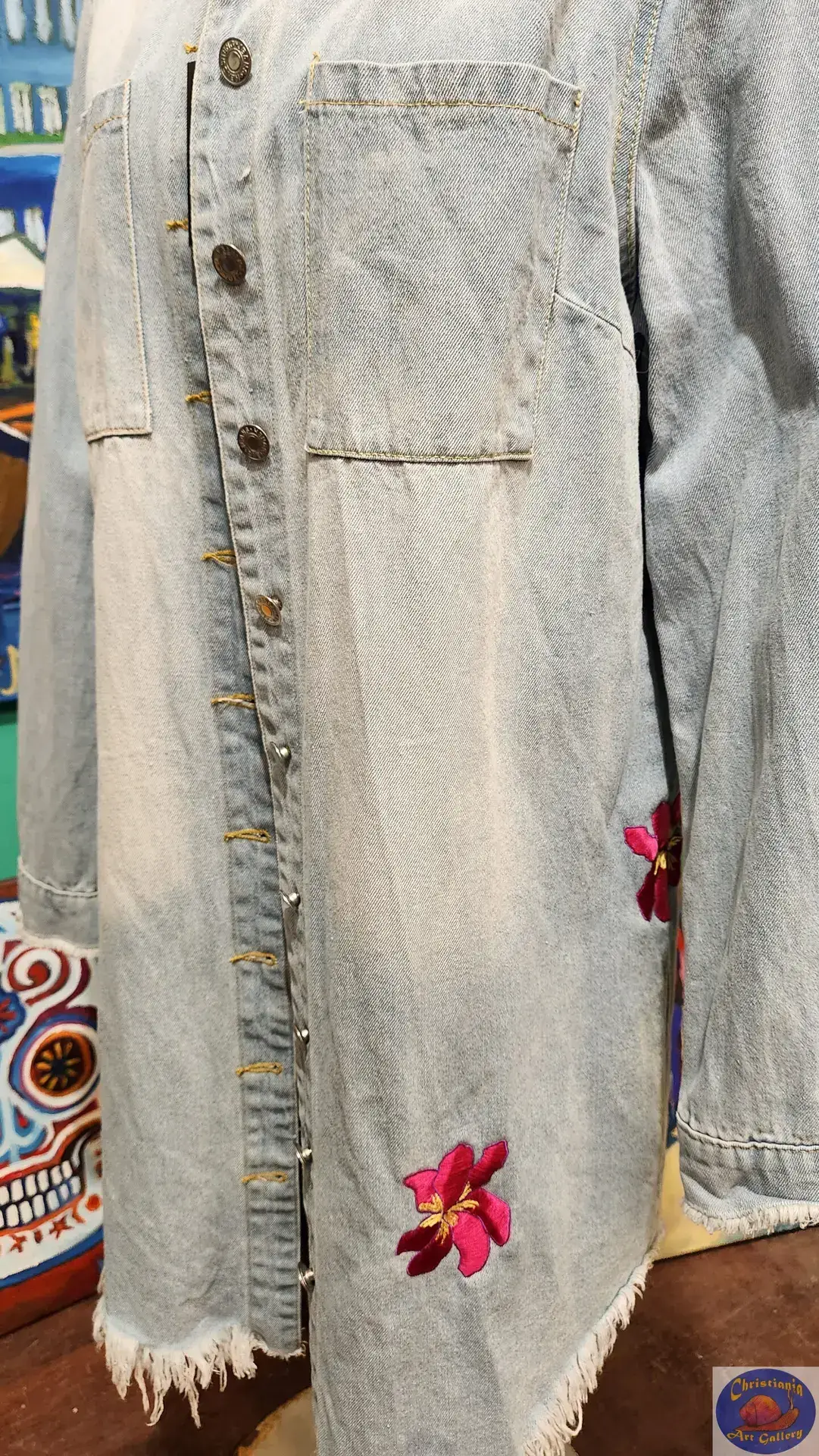 Light Long Denim Shirt, OZO Copenhagen, Custom Embroidered Artwear, Christiania Art Gallery