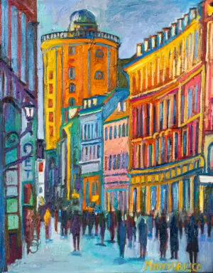 Købmagergade Clear Winter Day, 56X71 CM, Oil on canvas, by Marios Orozco, Christiania Art Gallery