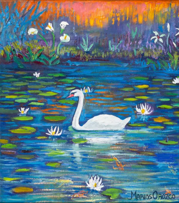 Swan with Waterlillies, 50X55 CM, Oil on canvas, By Marios Orozco, Christiania Art Gallery
