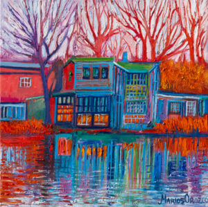 Windowhouse in Blue and Red, 70X70 CM, Oil on canvas, By Marios Orozco, Christiania Art Gallery