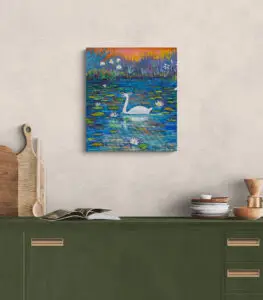 Swan with Waterlillies, 50X55 CM, Oil on canvas, By Marios Orozco, Christiania Art Gallery