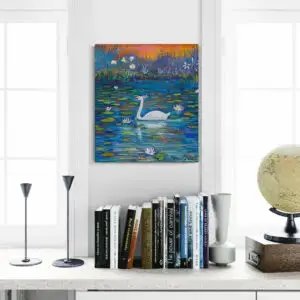 Swan with Waterlillies, 50X55 CM, Oil on canvas, By Marios Orozco, Christiania Art Gallery