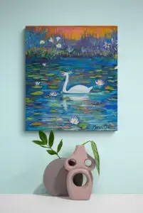 Swan with Waterlillies, 50X55 CM, Oil on canvas, By Marios Orozco, Christiania Art Gallery