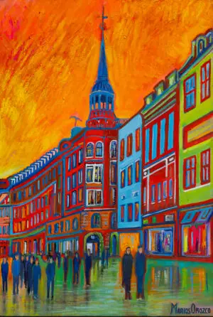 Købmagergade After The Rain, 85X125 CM, Oil on canvas, by Marios Orozco, Christiania Art Gallery