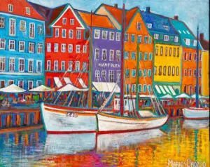 Nyhavn With Turqoise Outline, 125X100 CM, Oil on on canvas, By Marios Orozco, Christiania Art Gallery