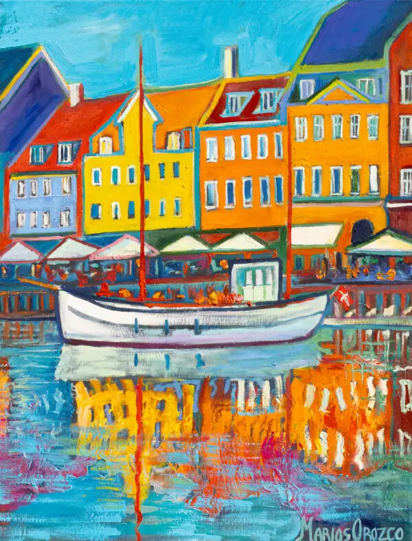 The White Boat With Flag, 70X90 CM, Oil on canvas, By Marios Orozco, Christiania Art Gallery
