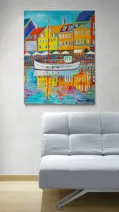 The White Boat With Flag, 70X90 CM, Oil on canvas, By Marios Orozco, Christiania Art Gallery