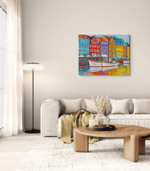 Nyhavn With Turqoise Outline, 125X100 CM, Oil on on canvas, By Marios Orozco, Christiania Art Gallery