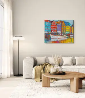 Nyhavn With Turqoise Outline, 125X100 CM, Oil on on canvas, By Marios Orozco, Christiania Art Gallery