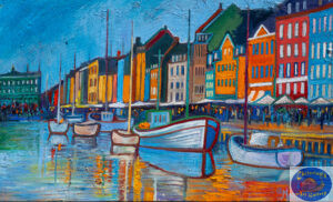 Blue Reflections in Nyhavn, 140X85 CM, Oil on canvas, By Marios Orozco, Christiania Art Gallery
