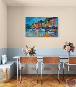 Blue Reflections in Nyhavn, 140X85 CM, Oil on canvas, By Marios Orozco, Christiania Art Gallery