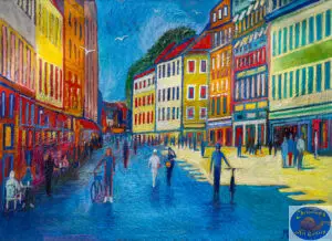 Blue Shadow on Strøget, 145X105 CM, Oil on canvas, By Marios Orozco, Christiania Art Gallery