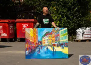 Blue Shadow on Strøget, 145X105 CM, Oil on canvas, By Marios Orozco, Christiania Art Gallery