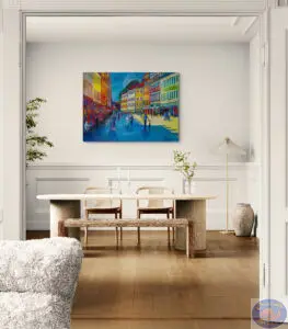 Blue Shadow on Strøget, 145X105 CM, Oil on canvas, By Marios Orozco, Christiania Art Gallery