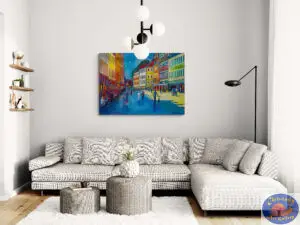 Blue Shadow on Strøget, 145X105 CM, Oil on canvas, By Marios Orozco, Christiania Art Gallery