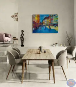 Blue Shadow on Strøget, 145X105 CM, Oil on canvas, By Marios Orozco, Christiania Art Gallery
