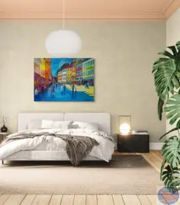 Blue Shadow on Strøget, 145X105 CM, Oil on canvas, By Marios Orozco, Christiania Art Gallery
