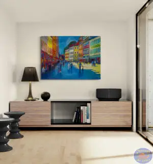 Blue Shadow on Strøget, 145X105 CM, Oil on canvas, By Marios Orozco, Christiania Art Gallery
