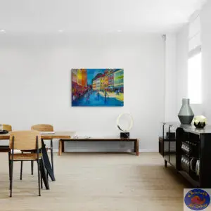 Blue Shadow on Strøget, 145X105 CM, Oil on canvas, By Marios Orozco, Christiania Art Gallery