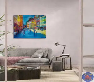 Blue Shadow on Strøget, 145X105 CM, Oil on canvas, By Marios Orozco, Christiania Art Gallery