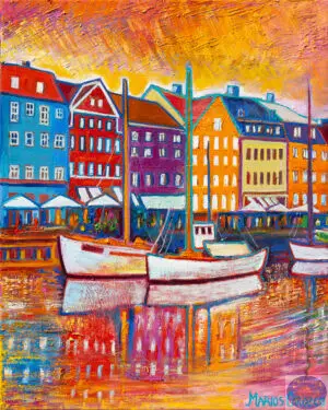 Orange Nyhavn Morning, 80X100 CM, Oil on canvas, By Marios Orozco, Christiania Art Gallery