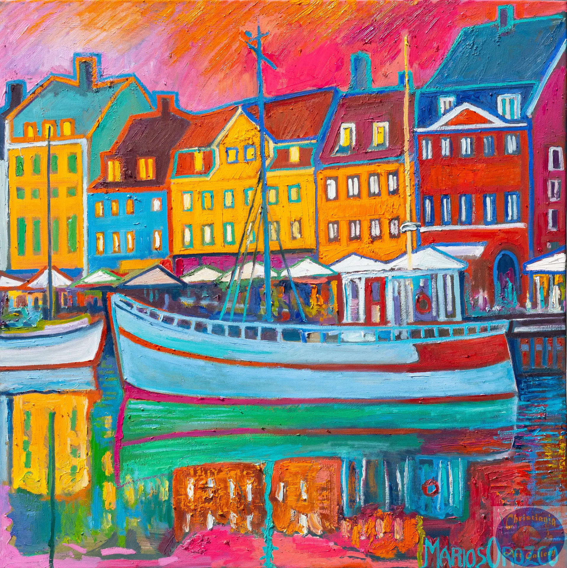 Pink Sky Green Reflection, 90X90 CM, Oil on canvas, By Marios Orozco, Christiania Art Gallery