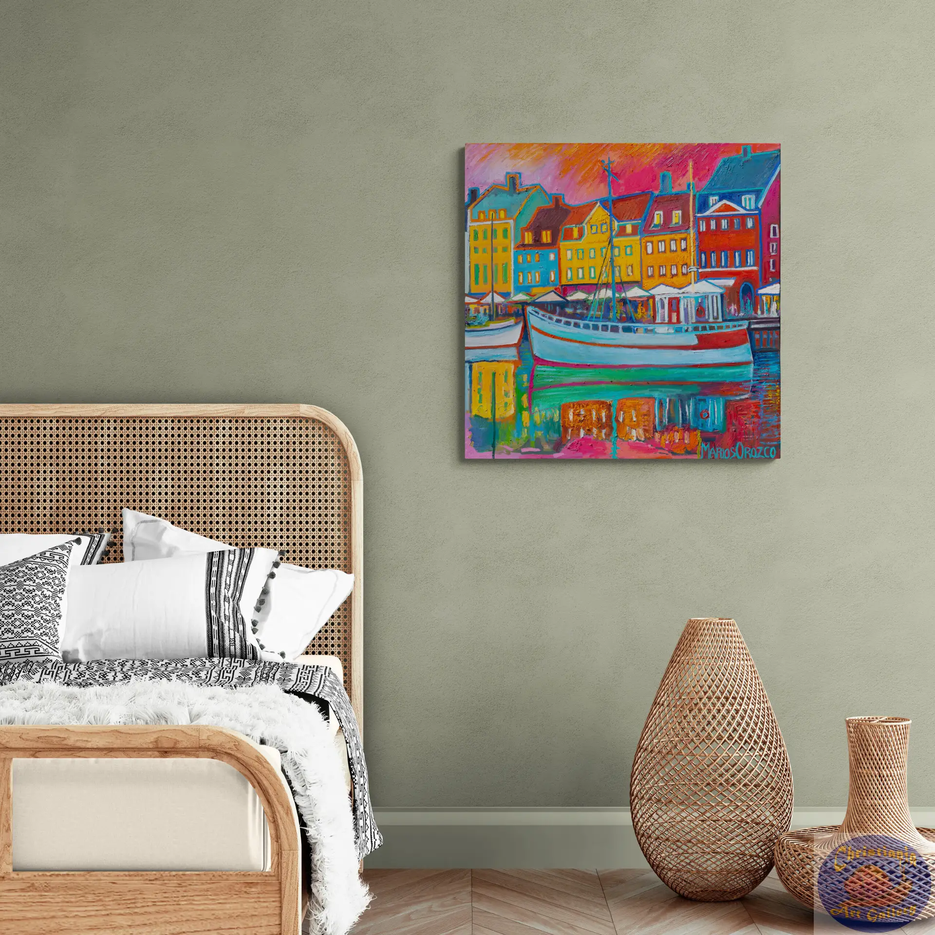 Pink Sky Green Reflection, 90X90 CM, Oil on canvas, By Marios Orozco, Christiania Art Gallery